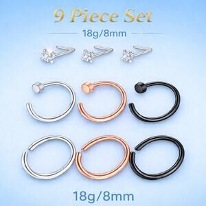 9 Pc Silver Black Rose Gold Stainless Hypo 8mm/18g Hoop Stud CZ Nose Ring Set